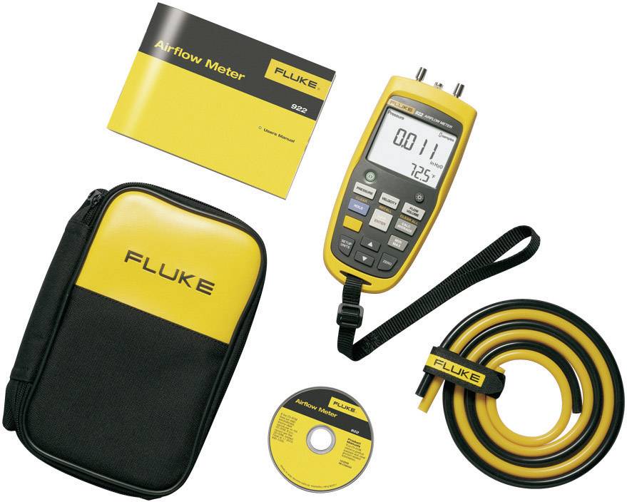 Un appareil de mesure de débit d'air Fluke jaune avec affichage numérique et accessoires, comprenant un étui de transport, un manuel, un CD et des tuyaux.