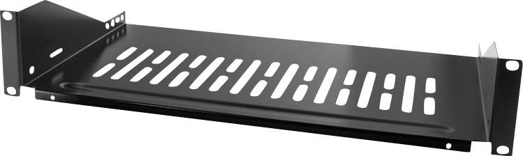 Un bac de montage en rack en métal noir avec surface ventilée, conçu pour la fixation stable d'équipements dans une armoire de serveur.
