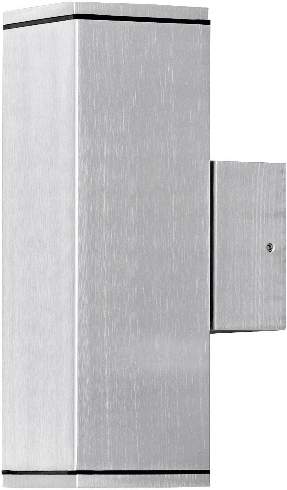Un luminaire mural extérieur rectangulaire en acier inoxydable argenté, au design moderne et minimaliste.