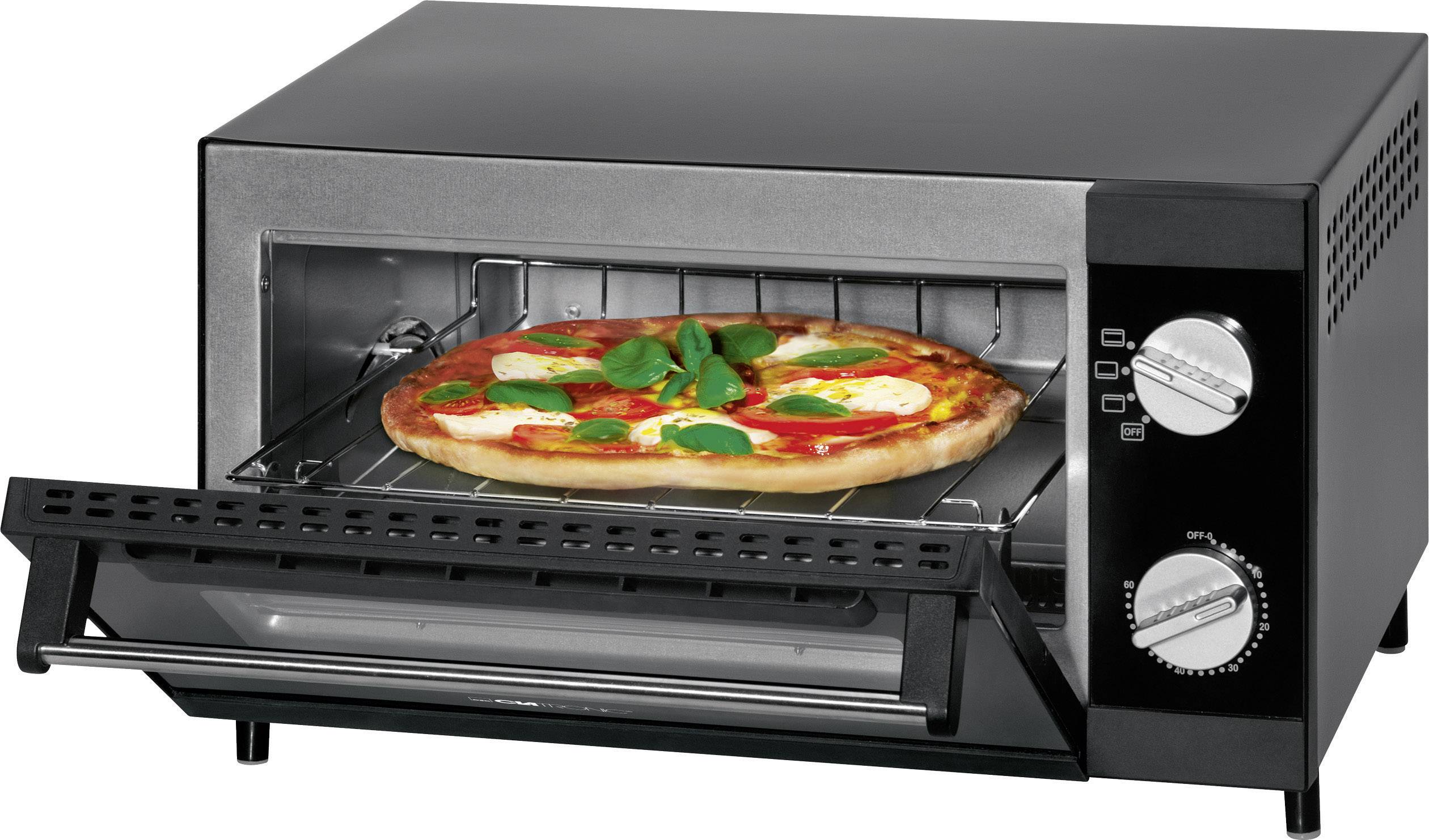 Un grille-pain argenté avec une porte rabattable ouverte, montrant une pizza avec de la sauce tomate, de la mozzarella et des feuilles de basilic à l'intérieur.