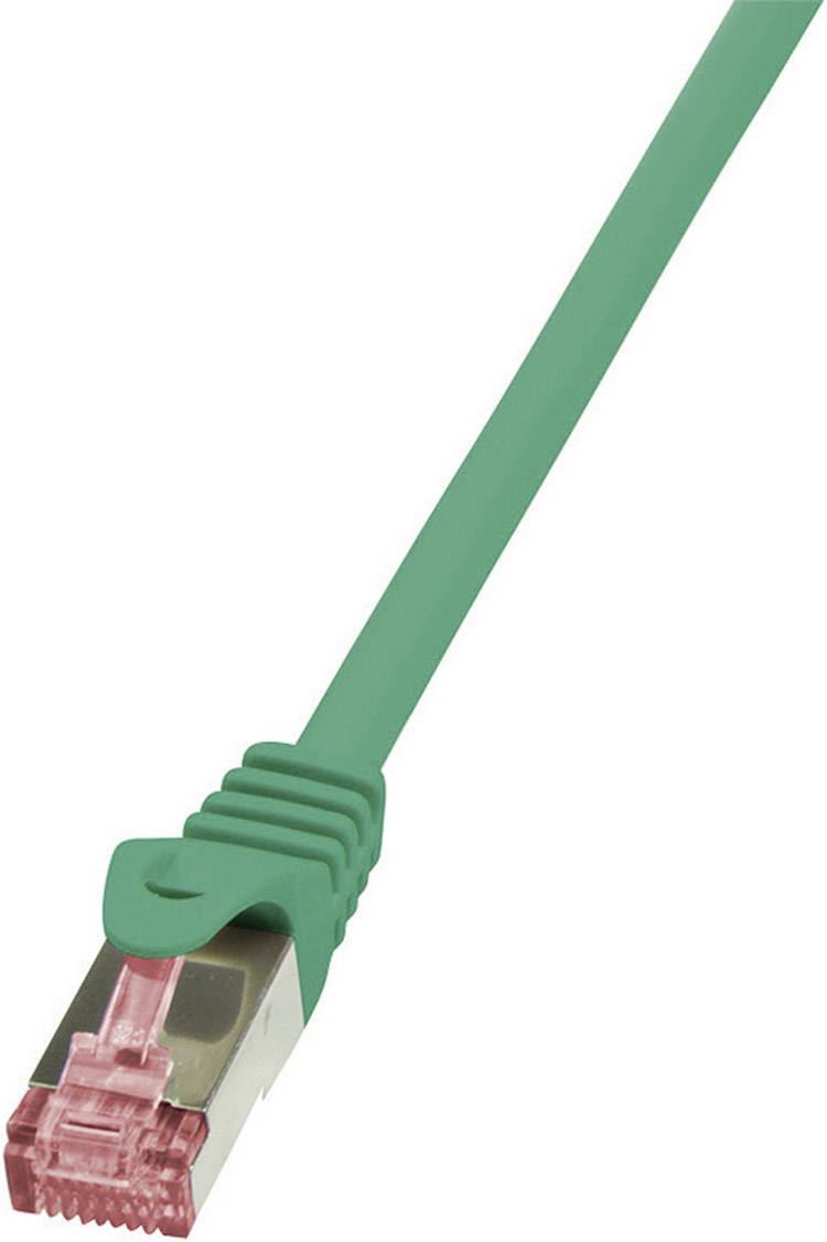 Un câble Ethernet vert avec un connecteur rouge, utilisé pour les connexions réseau.