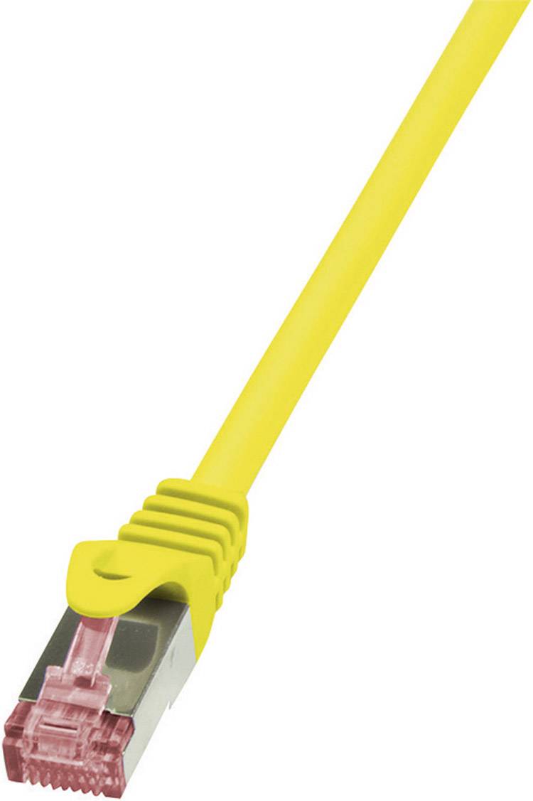 Un câble Ethernet jaune avec un connecteur RJ45 rouge à son extrémité, utilisé pour la transmission de données dans les réseaux.