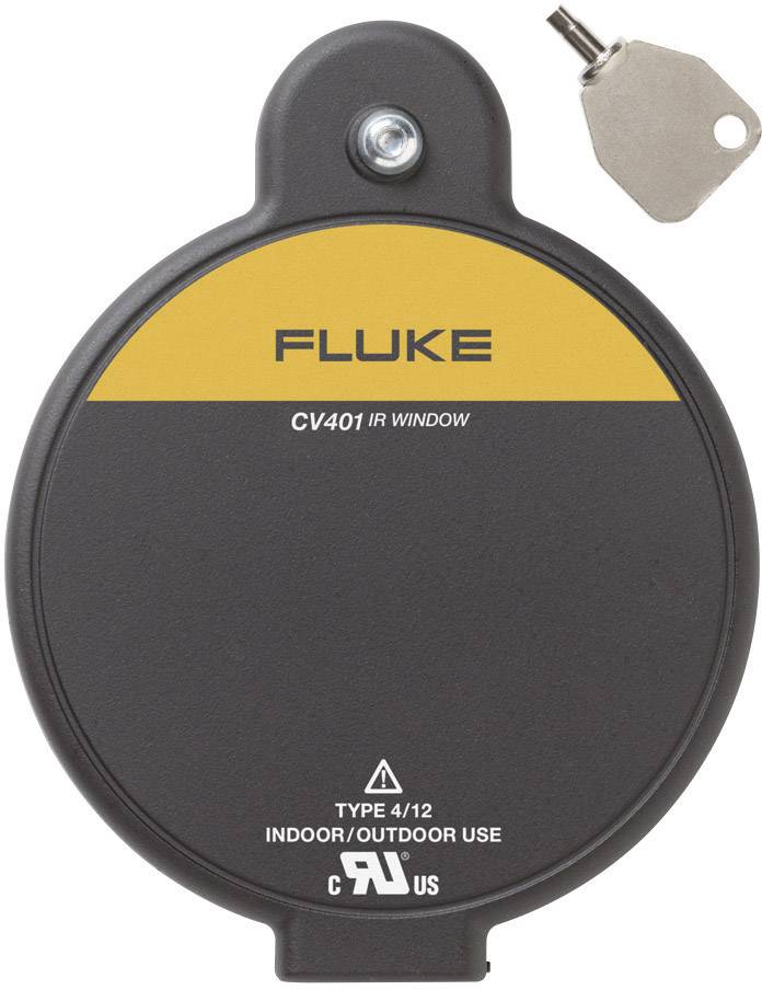Une fenêtre IR Fluke CV401 ronde avec un dessus jaune, un boîtier noir et une clé. Adaptée pour une utilisation intérieure et extérieure.