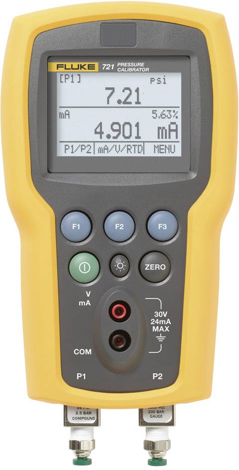 Calibrateur de pression numérique avec boîtier jaune. Affiche '7,21 psi' et '4,901 mA' sur l'écran. Comprend des boutons pour les réglages.