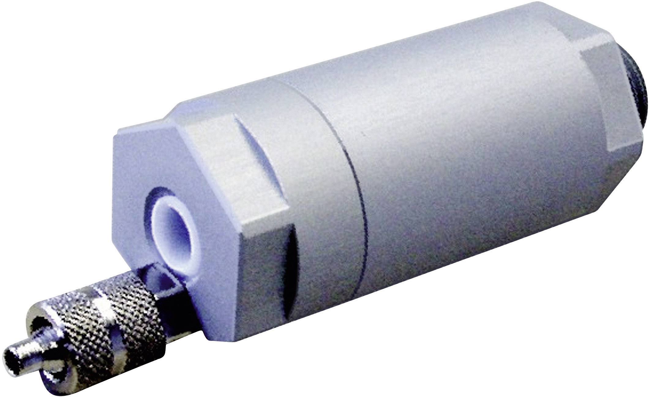 Pièce cylindrique grise avec un raccordement métallique à une extrémité, probablement un capteur ou un adaptateur.