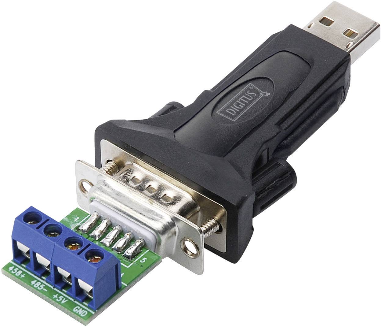 Convertisseur USB vers RS485/RS422 avec boîtier noir et bloc de connexion bleu, utilisé pour connecter des périphériques série à des ordinateurs.