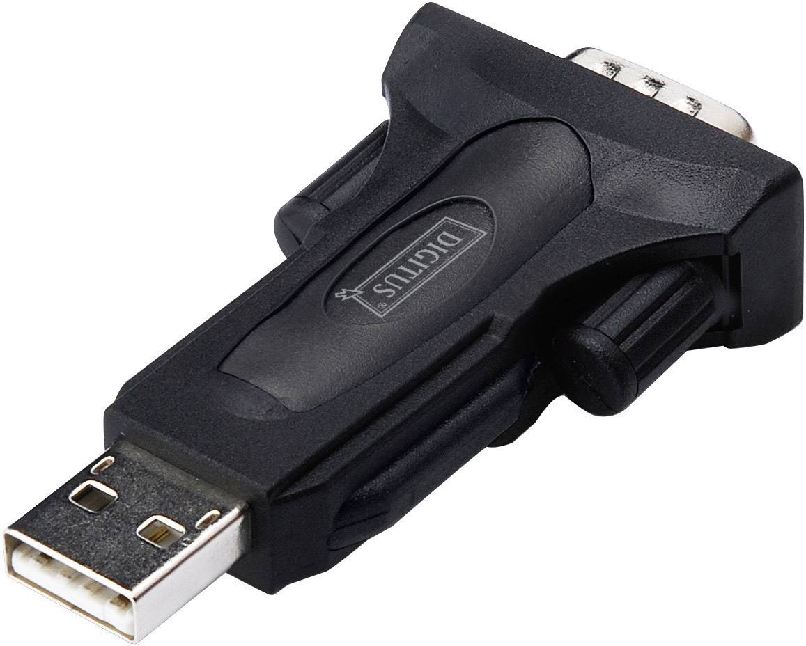 Un adaptateur noir USB vers RS232 avec une fiche USB sur un côté et un port série RS232 de l'autre côté.
