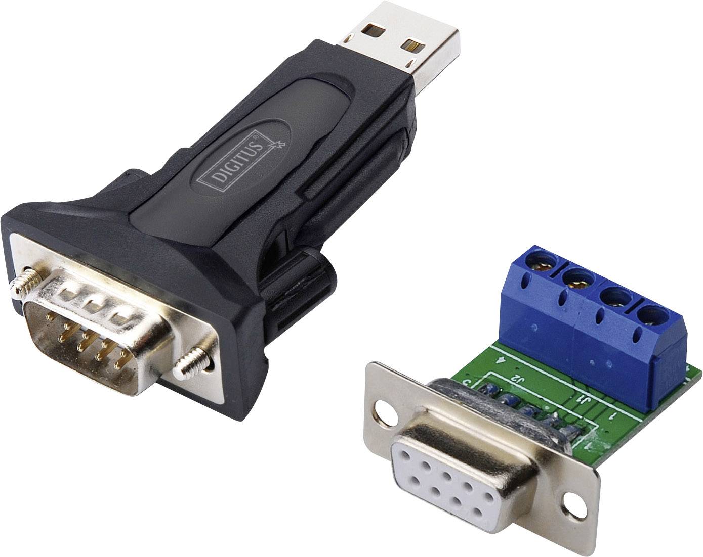 Adaptateur USB vers RS232 : à gauche un adaptateur USB avec port RS232, à droite un module de connexion vert avec une barrette de bornes bleue.