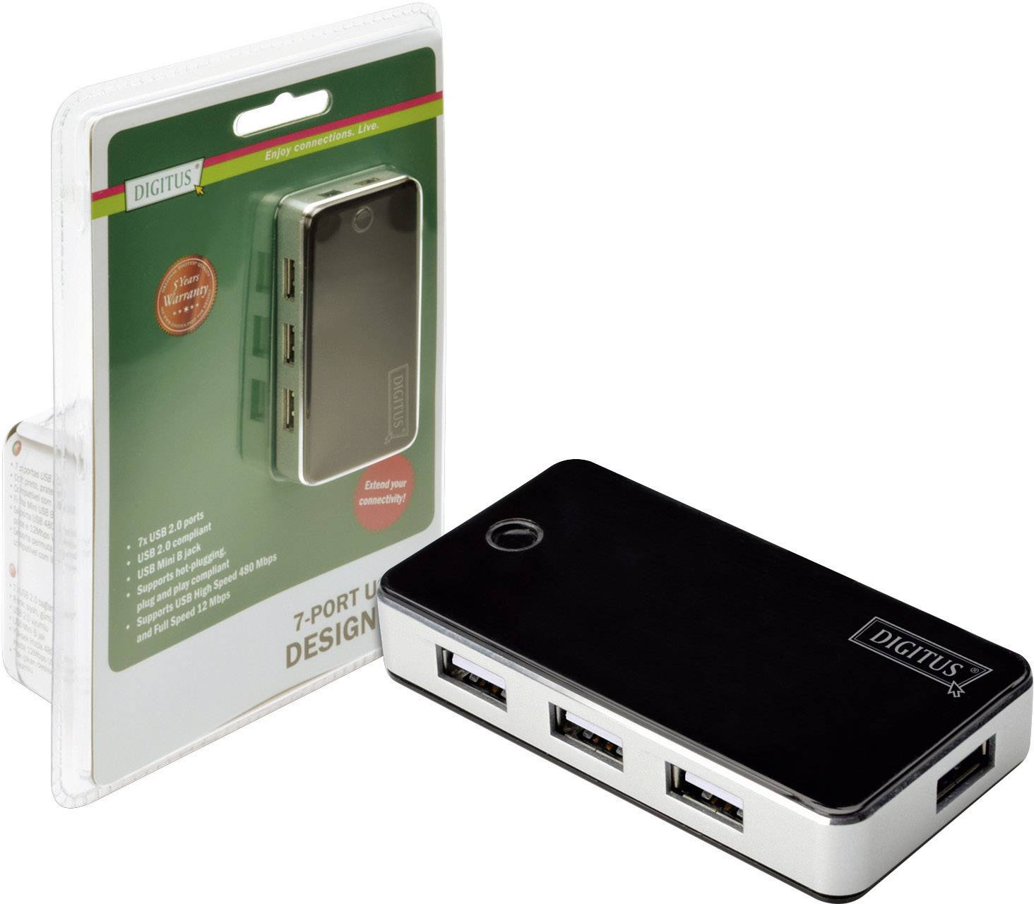 Un hub USB à 7 ports de Digitus est visible dans son emballage d'origine. Le hub est placé à l'avant, l'emballage se trouvant derrière.