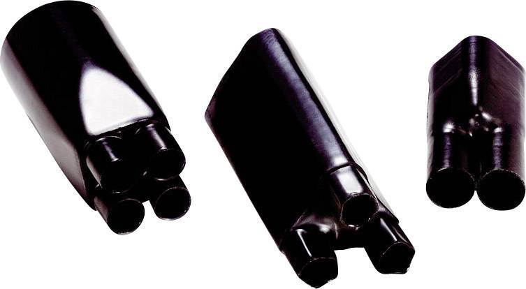 Trois gaines thermorétractables noires de différentes tailles avec plusieurs ouvertures, utilisées pour isoler des câbles.