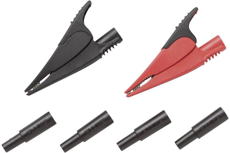 Deux pinces crocodile, l'une noire et l'autre rouge, chacune avec un revêtement de protection amovible, et trois protections amovibles en dessous.
