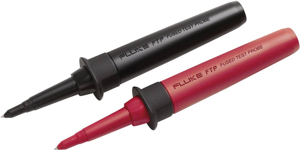 Deux sondes de test FTP Fluke, l'une noire et l'autre rouge, sont posées côte à côte. Ce sont des outils adaptés pour les tests électriques.