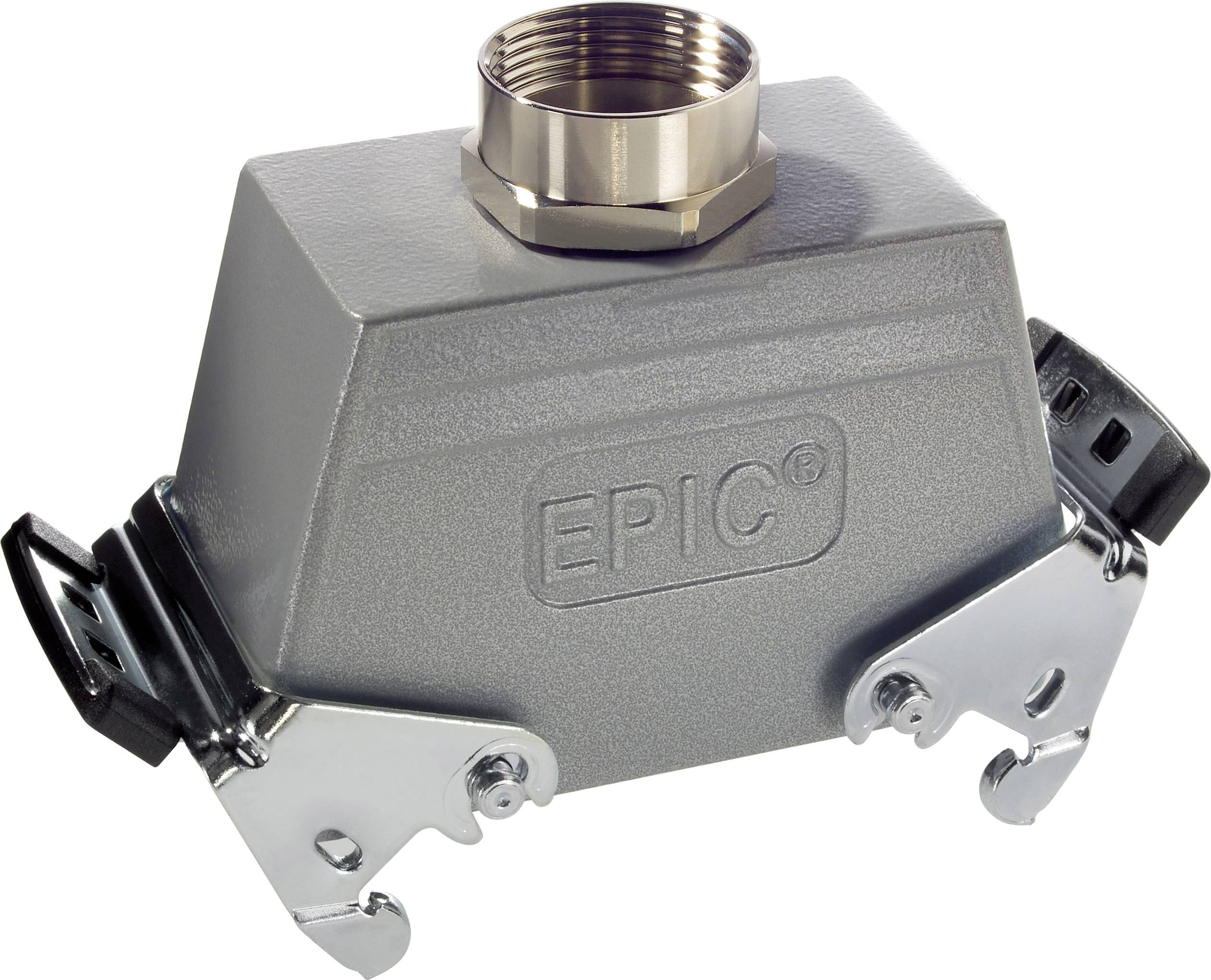 Boîtier gris EPIC® avec des bornes de fermeture latérales et un passage de câble en haut. Adapté pour les connexions industrielles.