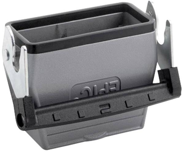 Conteneur rectangulaire en plastique gris avec poignée noire et supports métalliques sur les côtés.