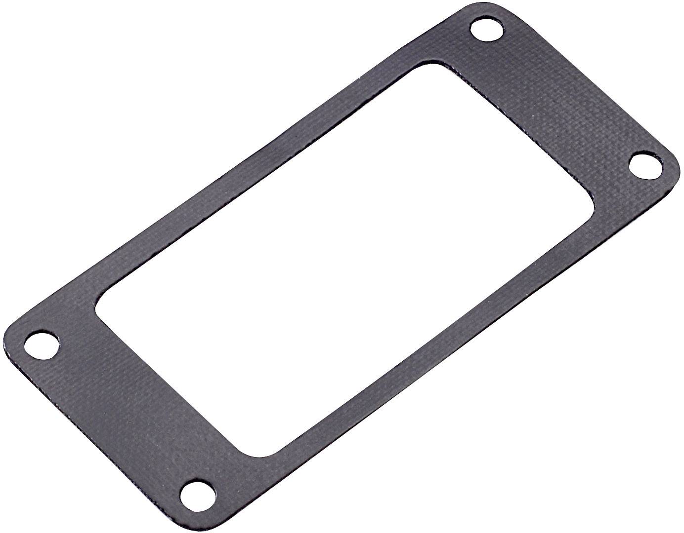 Joint rectangulaire noir avec quatre trous aux coins, servant d'isolant ou de joint d'étanchéité pour des composants rectangulaires.