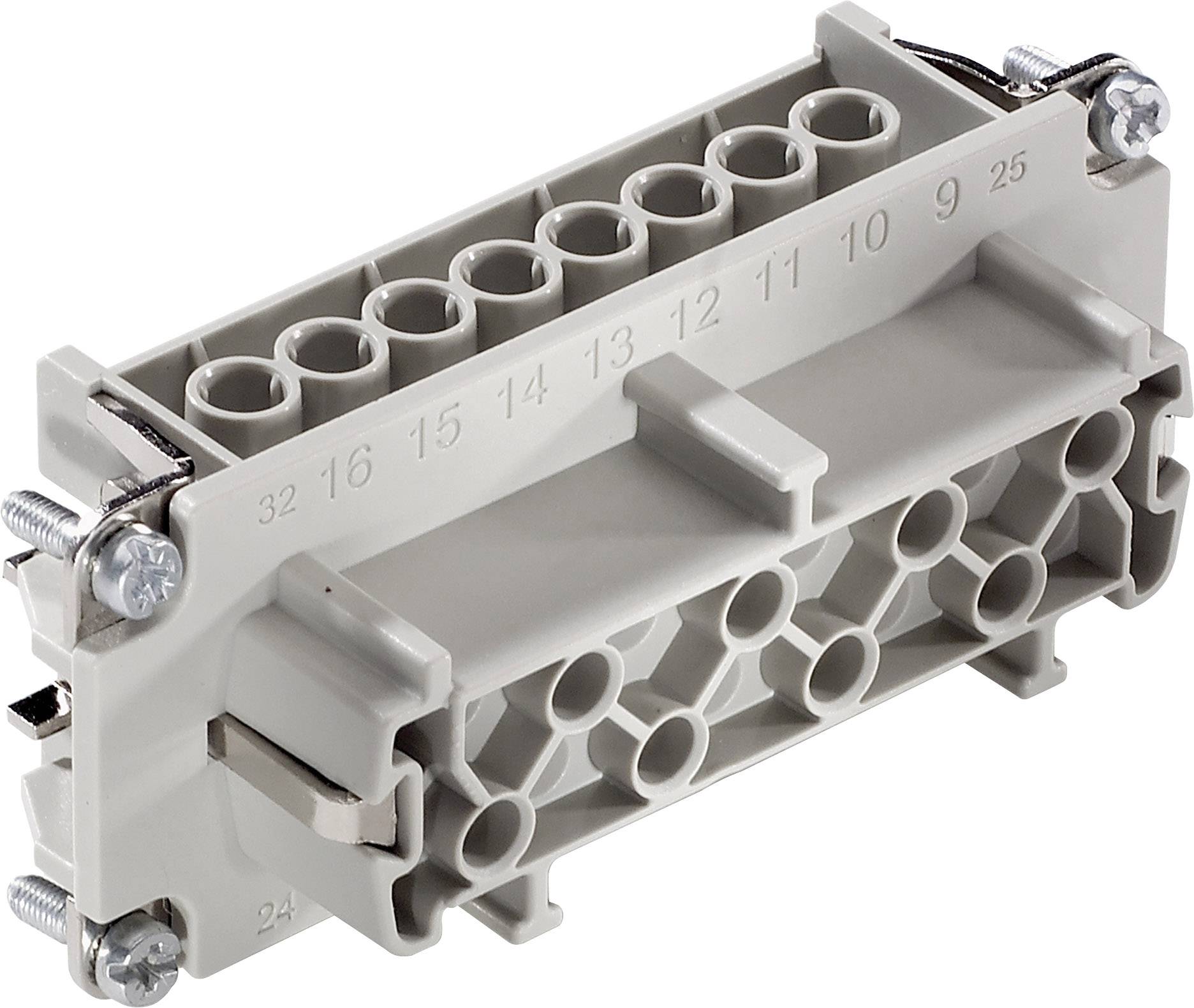 Bloc de connecteur multipolaire rectangulaire avec bornes numérotées et deux vis latérales de fixation.