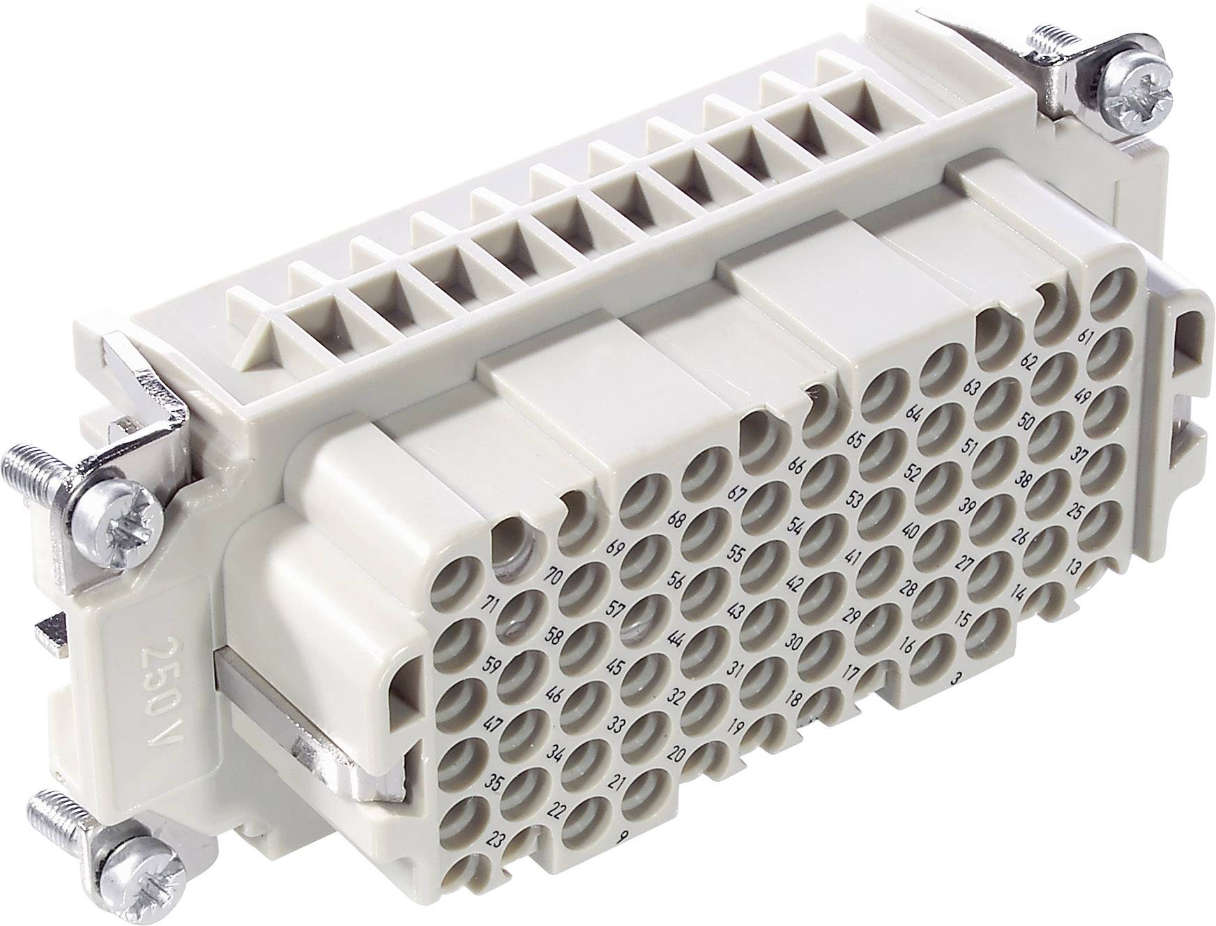 Connecteur avec plusieurs contacts circulaires et deux vis de fixation sur les côtés. Adapté pour des applications jusqu'à 250V.