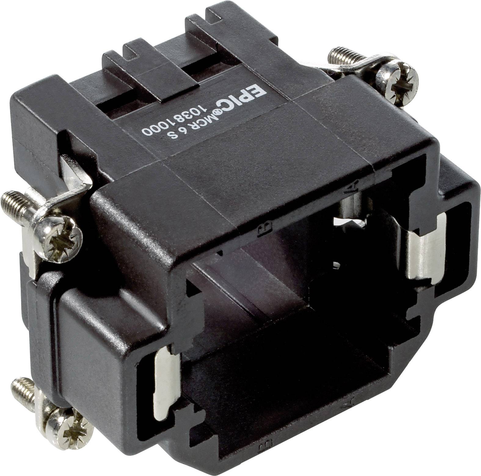 Un adaptateur mâle en plastique noir avec des vis métalliques, portant l'inscription 'EPIC', adapté pour connecter des câbles électriques.