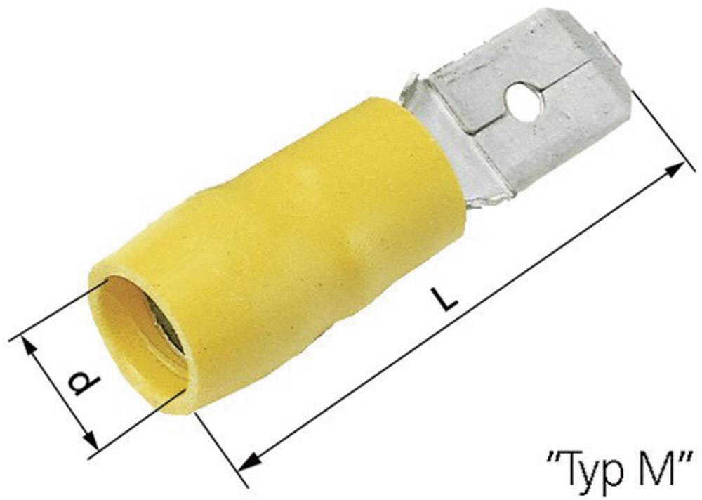 Connecteur avec gaine en plastique jaune et raccordement métallique, dimensions marquées avec 'd' et 'L', type M.