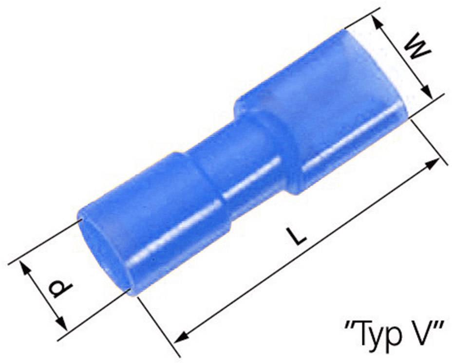 Connecteur bleu avec des marquages pour le diamètre (d), la longueur (L) et la largeur (W), étiqueté 'Type V'.