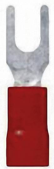 Cosse plate isolée avec gaine en plastique rouge et connexion à fourche métallique. Adaptée pour les connexions électriques.