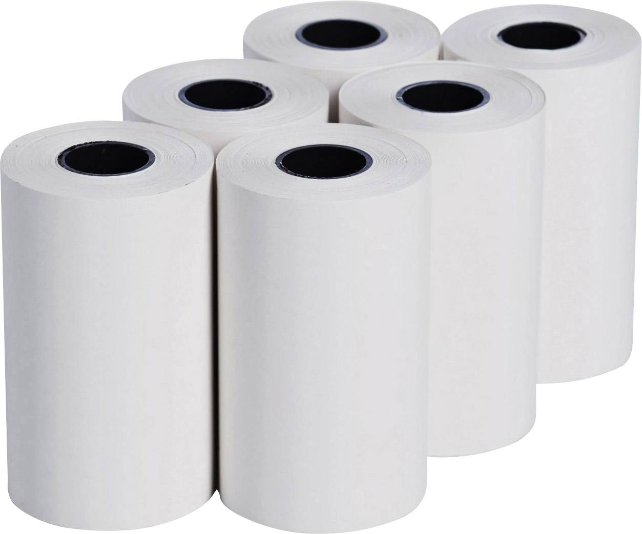 Six rouleaux de papier blancs sont disposés verticalement en deux rangées de trois rouleaux côte à côte.