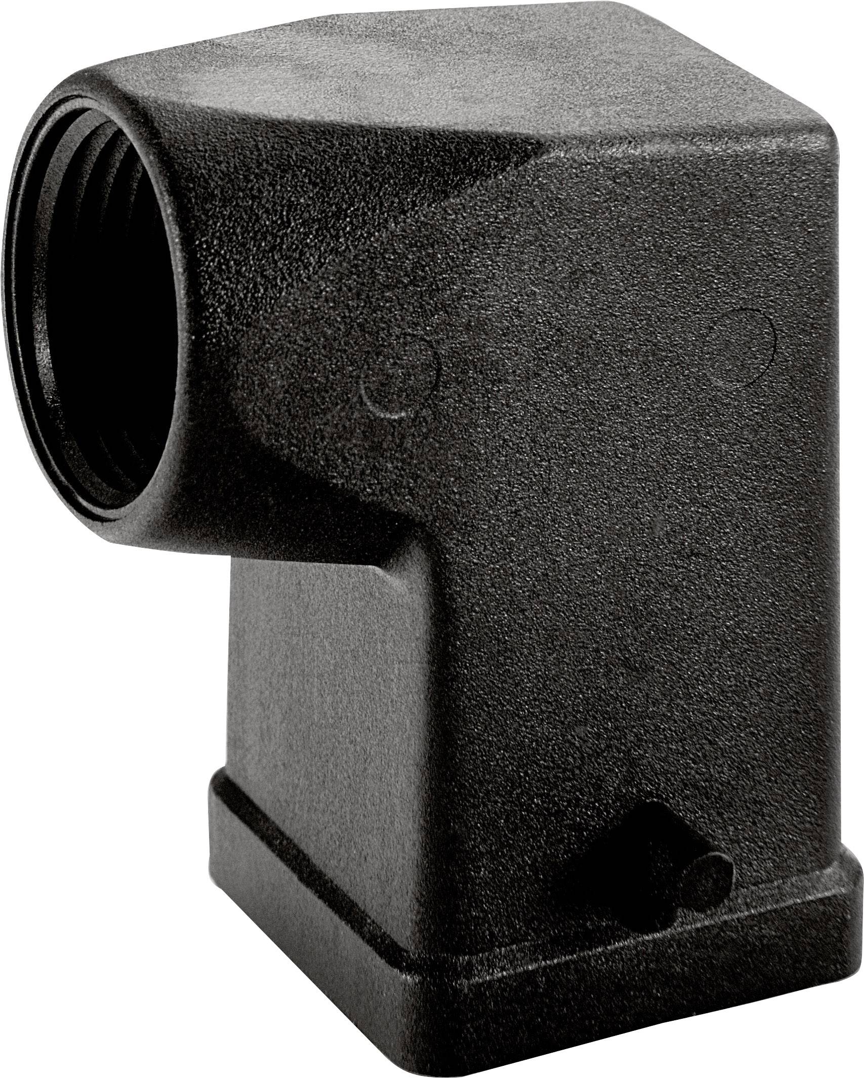 Un connecteur d'angle en plastique noir avec un manchon intérieur strié et un boîtier robuste de forme rectangulaire.