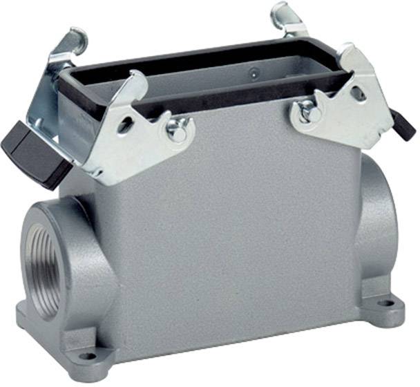 Boîtier de connecteur métallique gris avec bornes latérales sur le dessus ; design industriel pour connexions électriques.