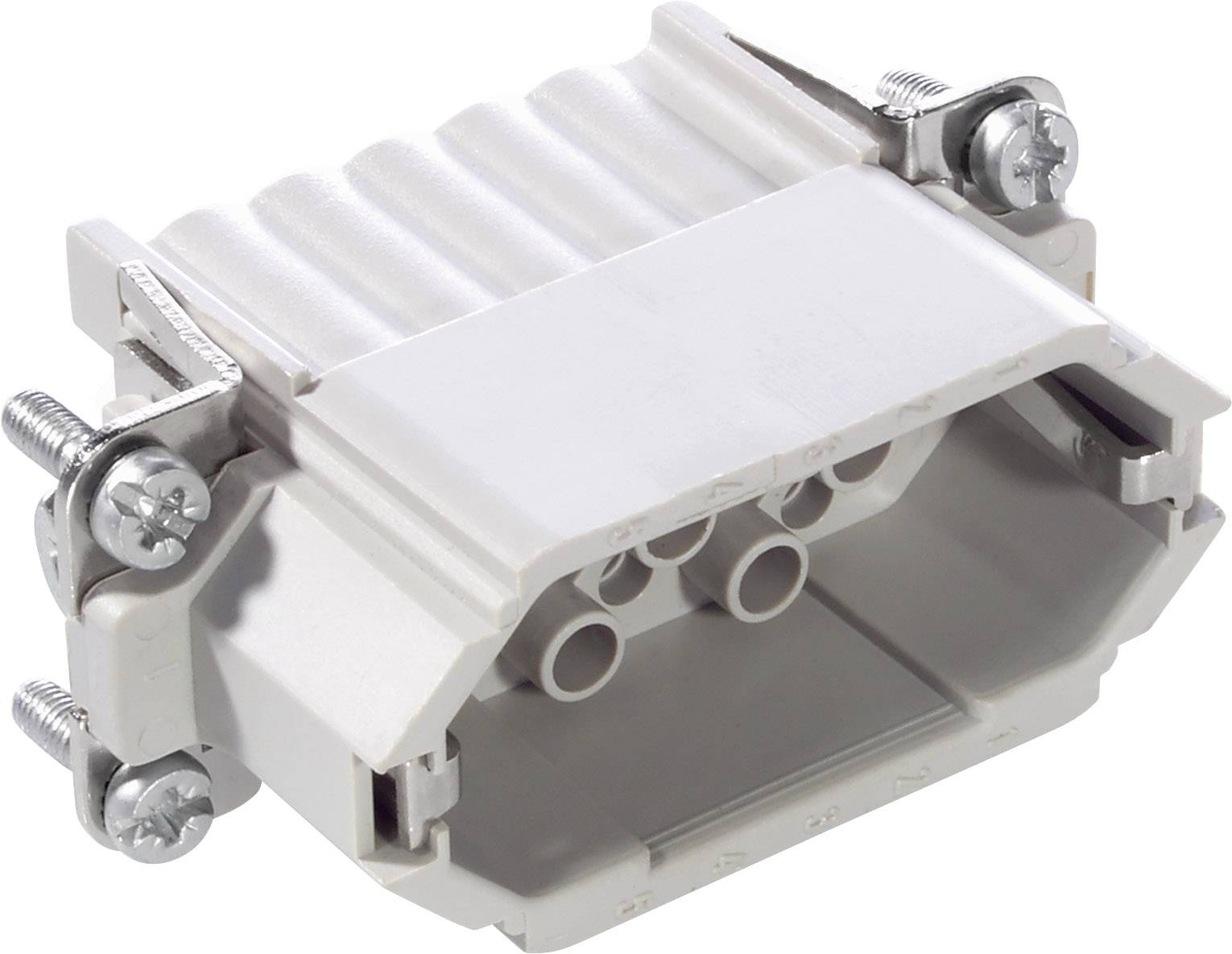 Connecteur blanc multipoints, entouré de vis métalliques. Adapté pour une utilisation électrique.
