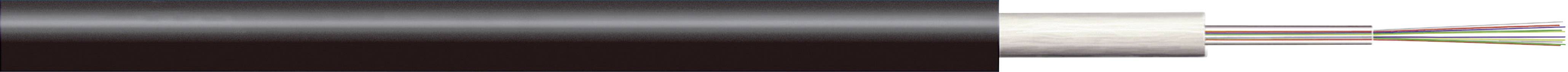 Une coupe transversale d'un câble à fibre optique composé de plusieurs fibres codées par couleur, avec une couche de protection extérieure sombre.