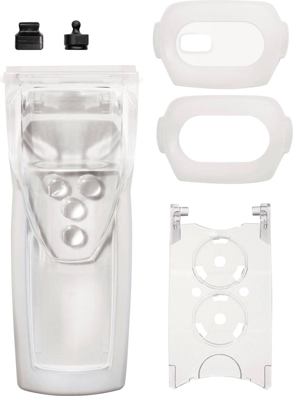 Protection en plastique transparent pour montage électronique avec accessoires. Comprend trois capuchons, deux gaines de protection et un support.