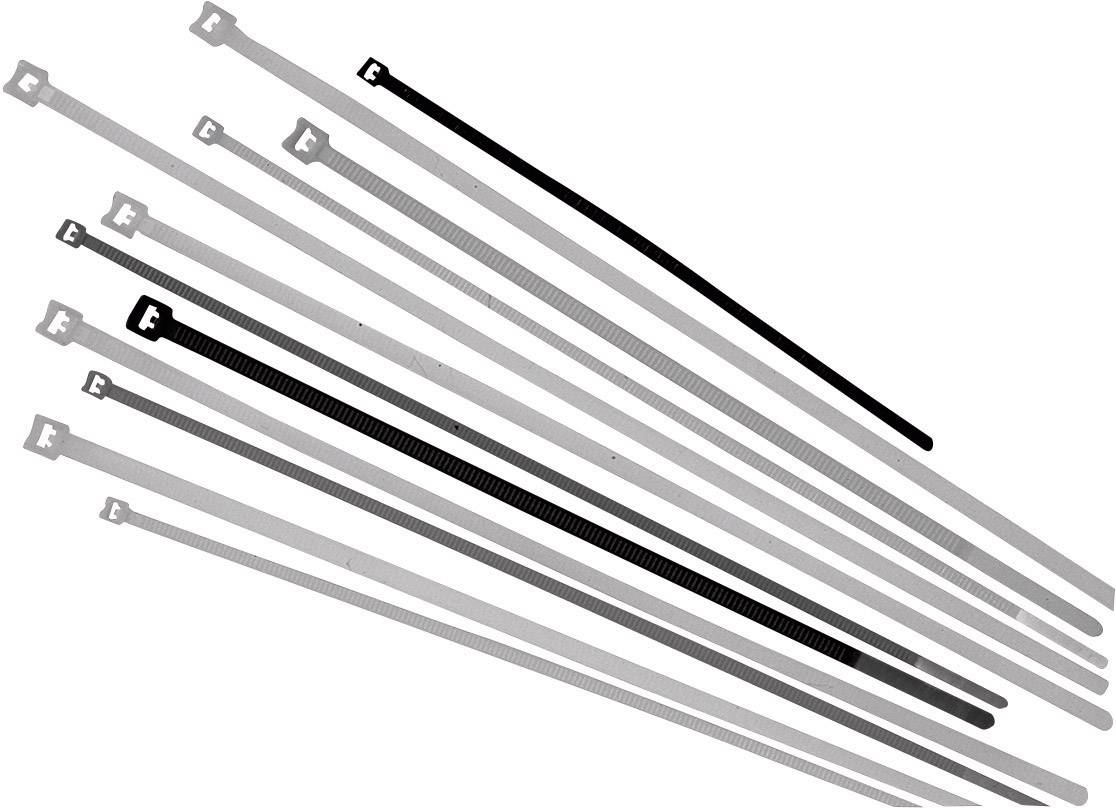 Plusieurs attaches de câble de différentes longueurs et couleurs, principalement blanches, grises et noires, sont disposées côte à côte.