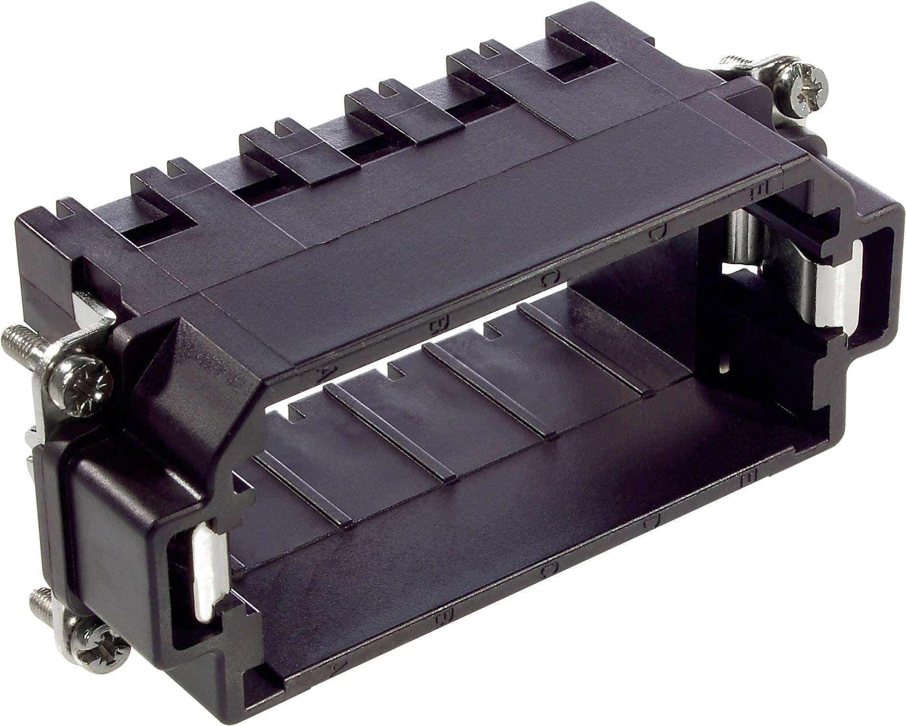 Pièce en plastique noir rectangulaire avec des clips métalliques sur les côtés. Utilisée pour la fixation de câbles ou dans des appareils électroniques.