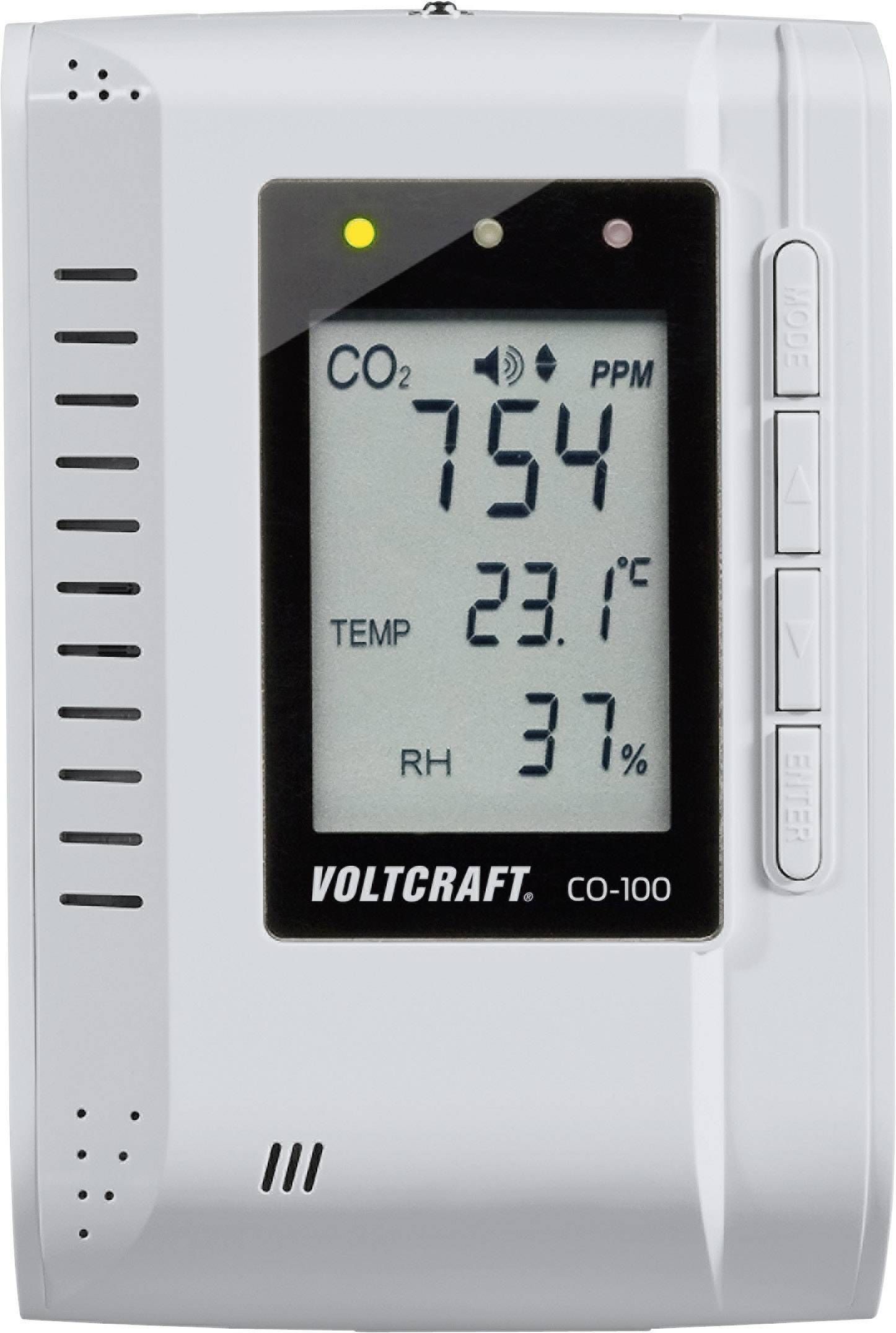 Appareil de mesure de la qualité de l'air avec affichage : valeur de CO2 754 PPM, température 23,1°C, humidité 37%. Marque : Voltcraft CO-100.