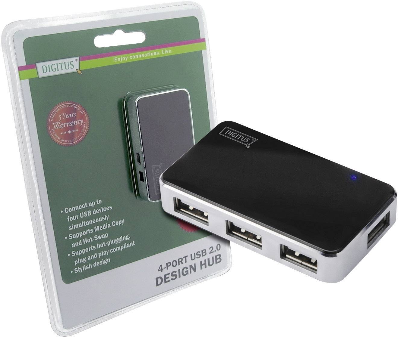 Un emballage d'un hub USB 2.0 à 4 ports de Digitus. Le hub dispose de quatre ports USB et prend en charge divers appareils.