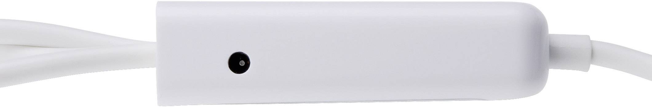 Un adaptateur blanc avec un petit trou de connexion noir situé sur le côté de l'appareil. Il est relié à un câble.