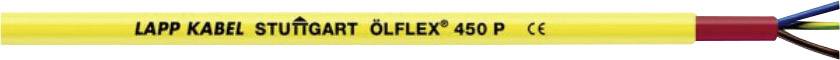 Un câble jaune portant l'inscription 'LAPP KABEL STUTTGART ÖLFLEX® 450 P', avec plusieurs câbles de différentes couleurs visibles à côté.