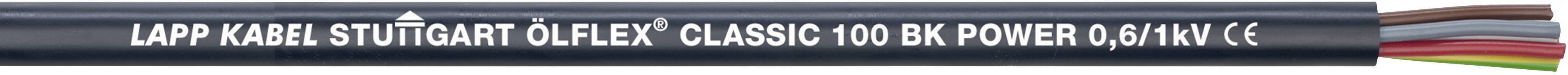 Gros plan d'un câble portant l'inscription 'Lapp Kabel Stuttgart Ölflex Classic 100 BK Power 90'. Quatre conducteurs colorés sont visibles.