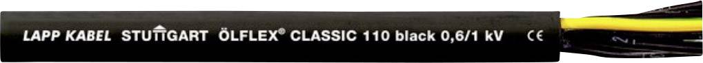 Câble électrique noir portant l'inscription 'LAPP KABEL STUTTGART ÖLFLEX® CLASSIC 110 black 0.6/1 kV', avec des fils apparents.