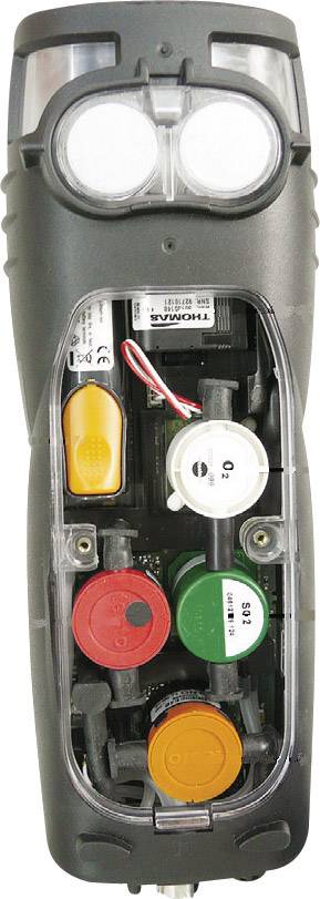 Un appareil de test électrique avec un compartiment à piles ouvert et des piles marquées par des couleurs. En haut, deux lumières rondes blanches.