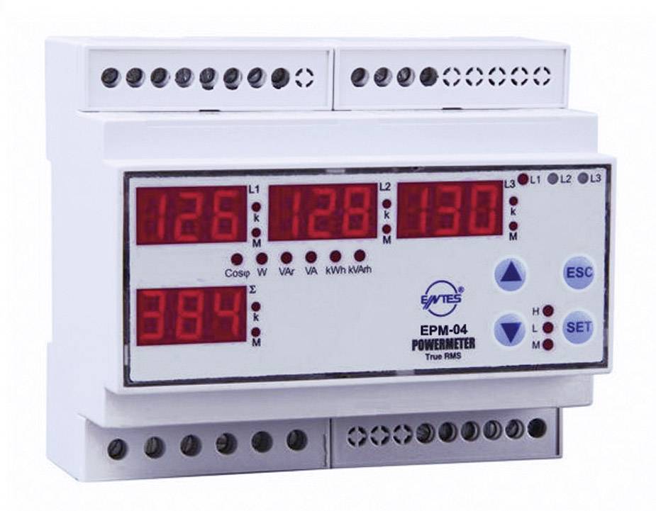 Appareil de mesure d'énergie numérique : Affichage LED à quatre chiffres pour les tensions (L1, L2, L3) et la valeur de courant. Boutons ESC et SET.