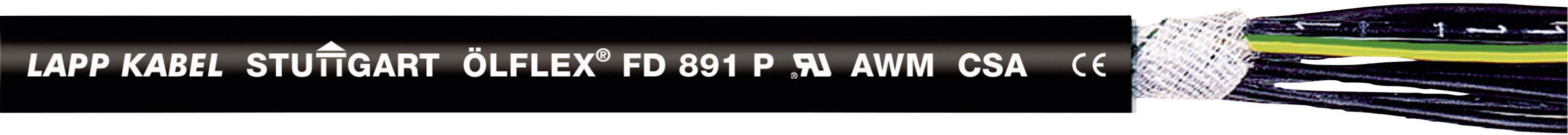 Câble noir portant la mention « LAPP KABEL STUTTGART ÖLFLEX® FD 891 P AWG 18/32 ». Les extrémités du câble présentent des brins colorés.