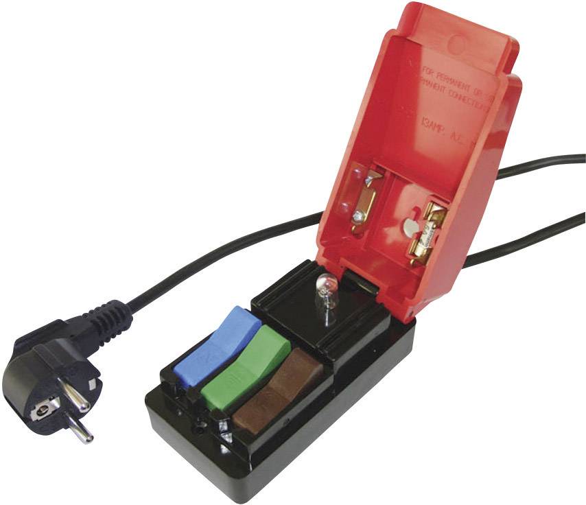 Une prise réseau ouverte, rouge et noire, avec trois boutons colorés (bleu, vert, marron) et un câble de connexion latéral.