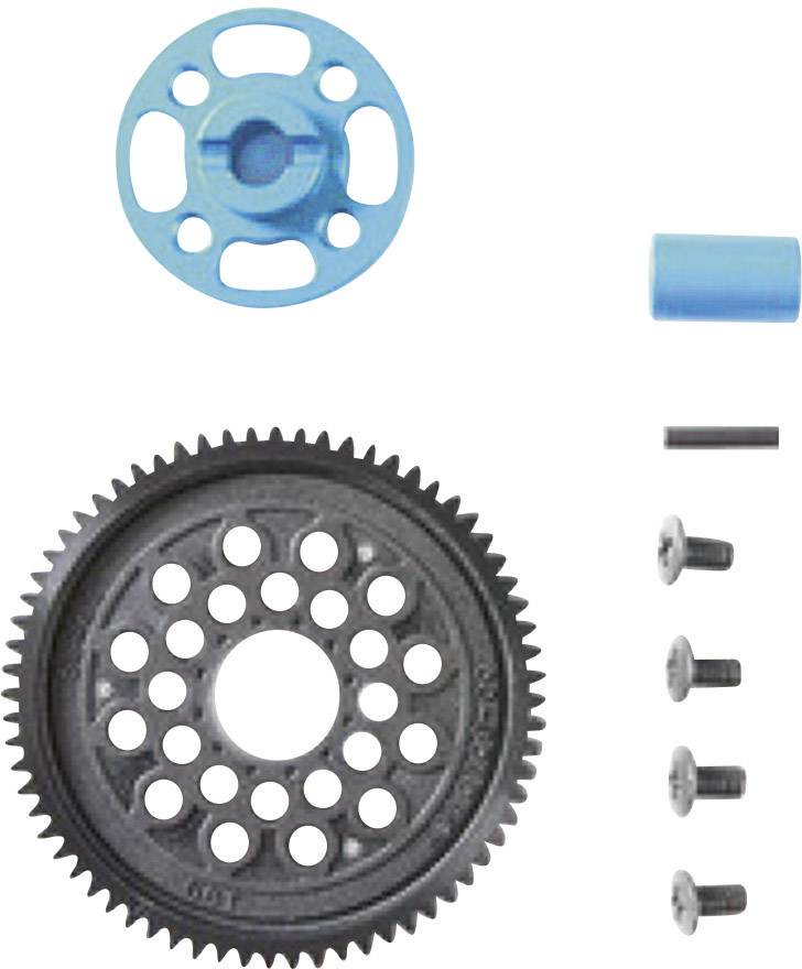 Pièces individuelles d'un ensemble de roues dentées, comprenant une roue dentée bleue, une roue dentée noire avec des trous, des vis et un cylindre bleu.