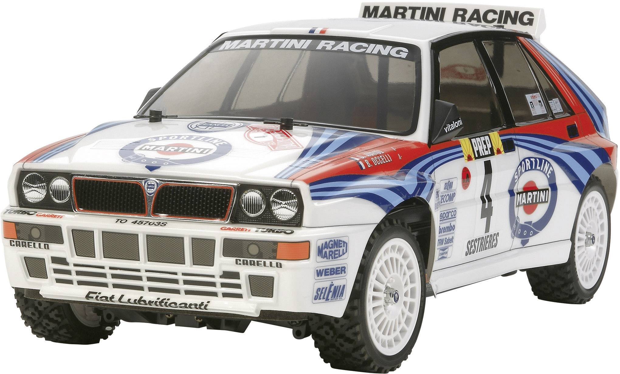 'Modèle réduit d'une voiture de rallye avec un design Martini Racing sur la carrosserie.'