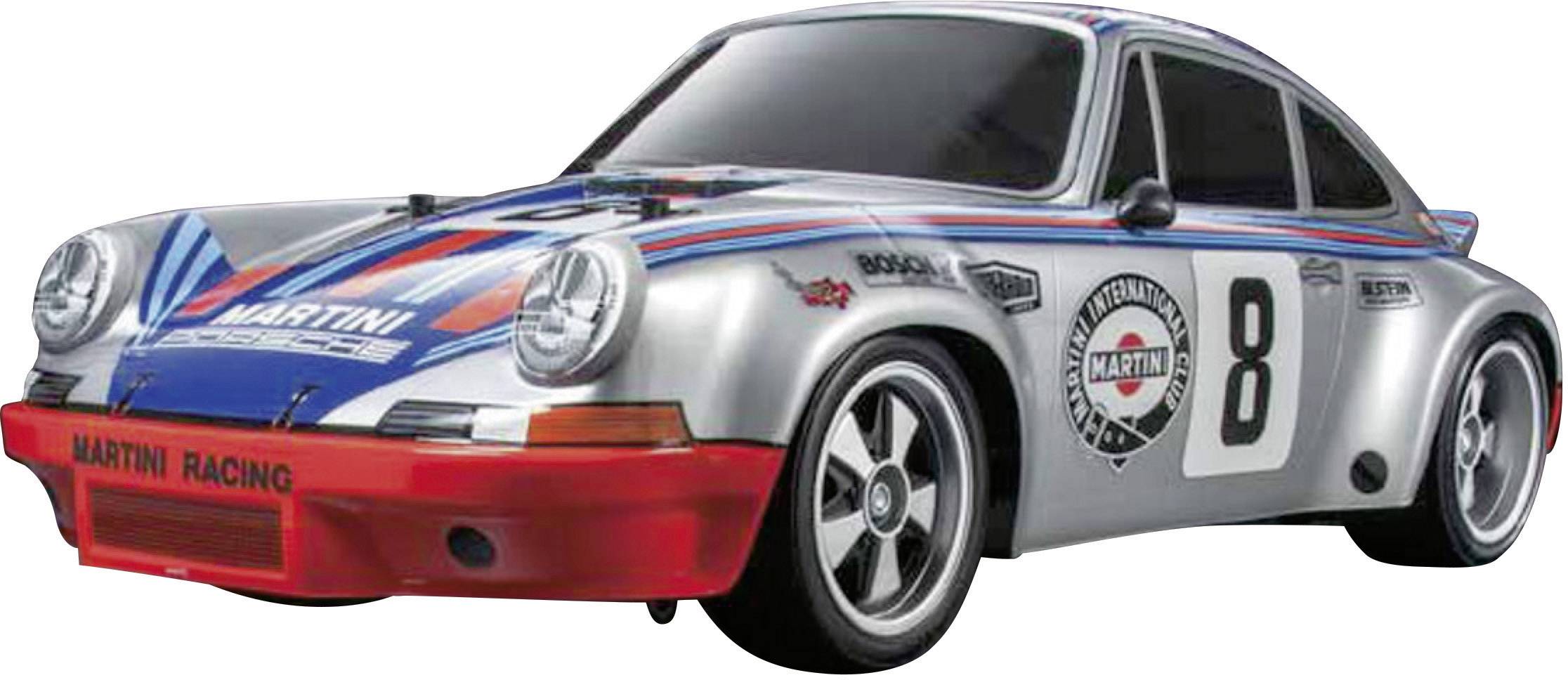 Une voiture miniature en argent avec des autocollants Martini Racing et le numéro 8 sur le côté, conçue dans un style de course rétro.