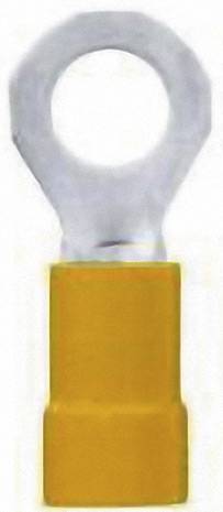 Un cosse de câble jaune avec un trou rond pour permettre des connexions électriques ou des mises à la terre.