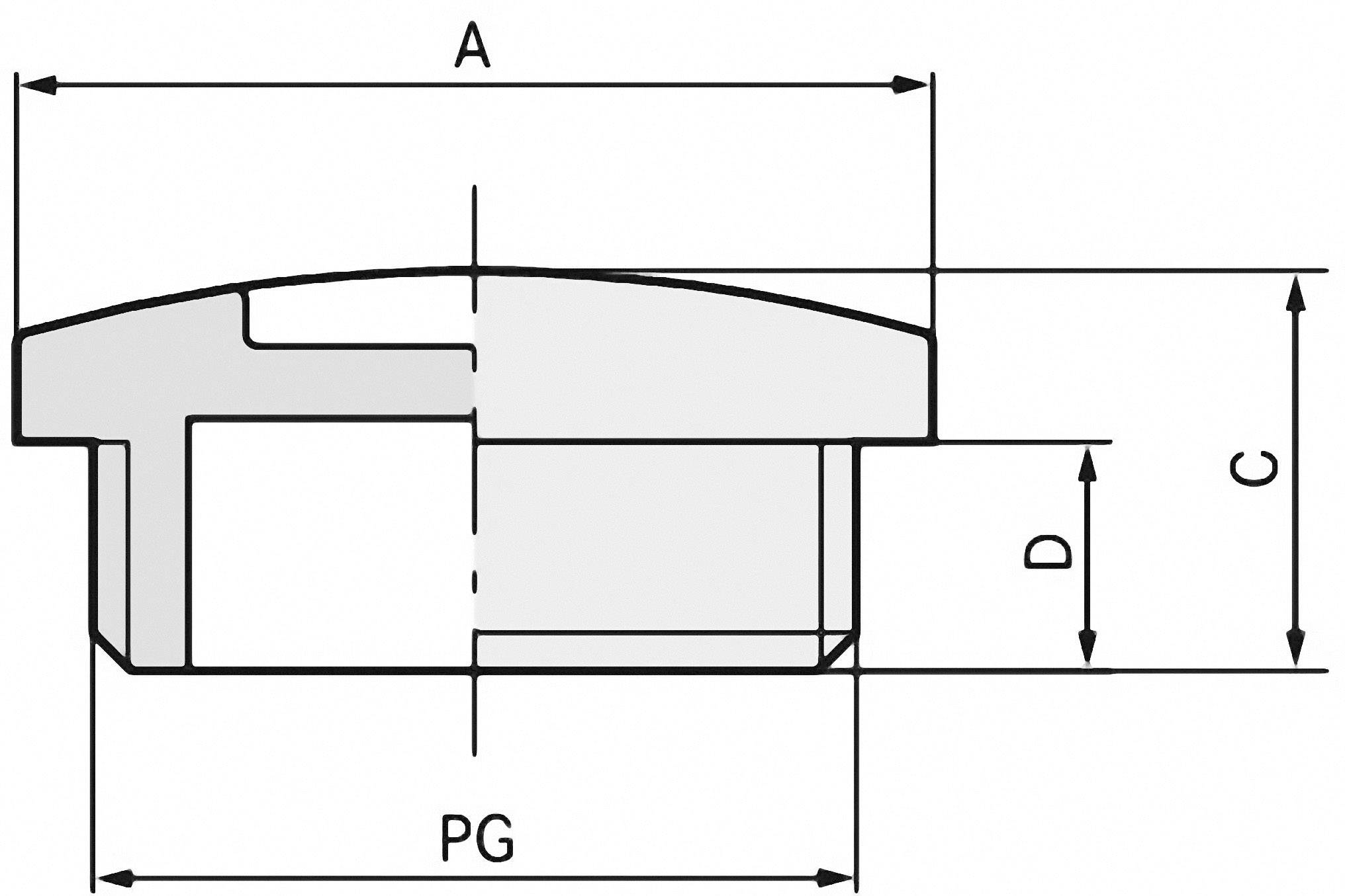 Dessin technique d'une pièce cylindrique avec les dimensions : A, C, D et PG sont indiqués. La vue de profil montre la vue de côté.