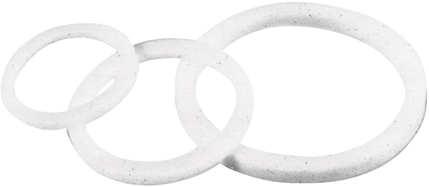 Trois donuts blancs de différentes tailles se chevauchant, sur un fond blanc.