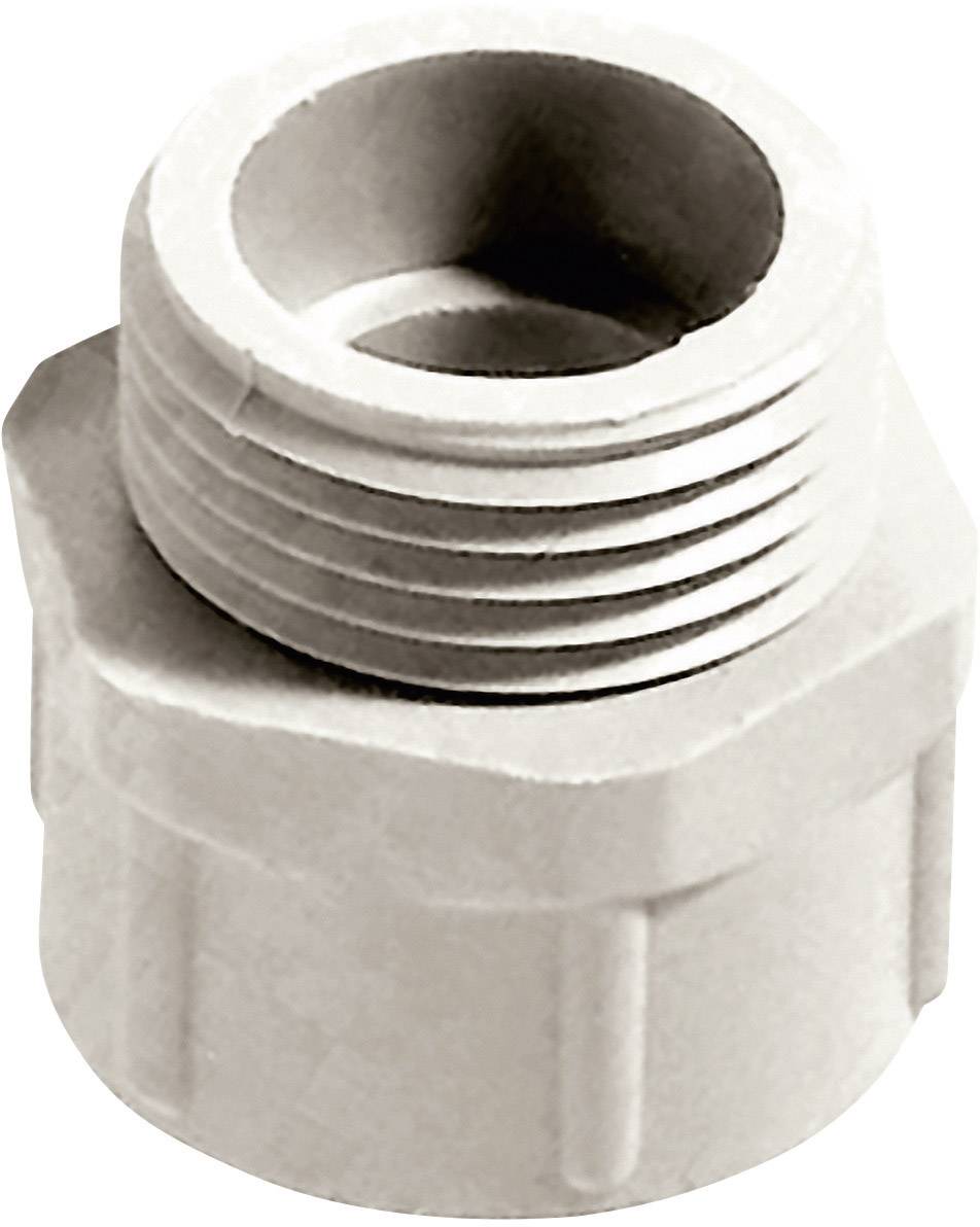 Un adaptateur en plastique blanc avec un filetage extérieur sur la moitié supérieure et un embout hexagonal à l'extrémité inférieure, couramment utilisé dans les installations.
